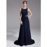 Sheath Scoop Neck Sweep Train Chiffon Mother of the Bride Dress With Ruffle Beading (008005708)