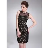 Sheath Scoop Neck Knee-Length Satin Tulle Cocktail Dress With Beading Sequins (016008257)