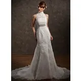 Mermaid High Neck Court Train Satin Tulle Wedding Dress With Lace Beadwork (002001234)