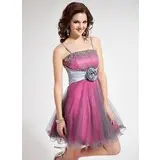 A-Line/Princess Short/Mini Taffeta Tulle Homecoming Dress With Lace Beading Flower(s) Sequins (022010074)