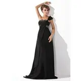 Império Um ombro Cauda vassoura Chiffon Vestido de festa com Pregueado Bordado (017013775)