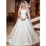 A-Line/Princess Scalloped Neck Chapel Train Satin Wedding Dress With Ruffle (002012697)