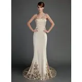 Sheath/Column Chapel Train Charmeuse Wedding Dress With Lace (002015727)