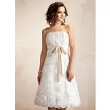 A-Line/Princess Scalloped Neck Tea-Length Satin Lace Wedding Dress With Ruffle Sashes (002011527)