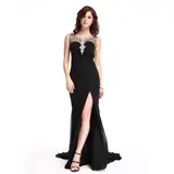 Sheath Scoop Neck Watteau Train Chiffon Tulle Evening Dress With Beading (017022823)