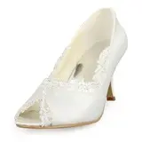 Satin Spool Heel Peep Toe Pumps Wedding Shoes With Stitching Lace (047011050)