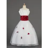 A-Line/Princess Scalloped Neck Floor-Length Organza Charmeuse Flower Girl Dress With Ruffle Sash Flower(s) (010014631)