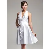 Empire Halter Knee-Length Charmeuse Bridesmaid Dress With Ruffle Crystal Brooch (007021071)