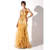 Mermaid Halter Floor-Length Organza Charmeuse Prom Dress With Ruffle Beading (018005067)
