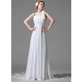 Empire One-Shoulder Court Train Chiffon Wedding Dress With Ruffle Flower(s) (002000441)