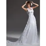 A-Line/Princess Square Neckline Court Train Satin Lace Wedding Dress With Beadwork (002001257)