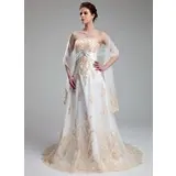 Empire Sweetheart Chapel Train Satin Tulle Wedding Dress With Lace Crystal Brooch (002011662)