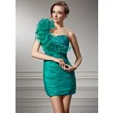Sheath One-Shoulder Short/Mini Organza Charmeuse Homecoming Dress With Ruffle Beading (022008939)