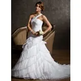 Mermaid One-Shoulder Court Train Organza Satin Wedding Dress With Ruffle (002011681)