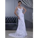Tubino Scollatura a V Sweep treno raso Pizzo Abito per matrimonio con Increspature Perline (002011630)