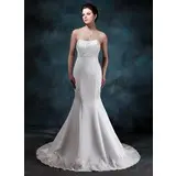 Empire Sweetheart Court Train Satin Wedding Dress With Ruffle Lace Beadwork (002001161)