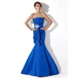Mermaid Scalloped Neck Sweep Train Satin Evening Dress With Ruffle Beading Appliques (017013778)