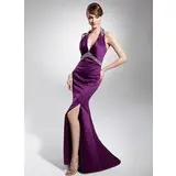 Sheath Halter Sweep Train Satin Evening Dress With Ruffle Beading Sequins (017014679)