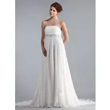 Empire Strapless Chapel Train Chiffon Wedding Dress With Ruffle Lace Beadwork (002011711)