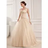 Ball-Gown V-neck Court Train Satin Tulle Wedding Dress With Lace Beadwork (002012825)