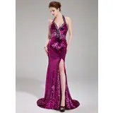 Mermaid Halter Sweep Train Sequined Prom Dress With Beading (018019684)