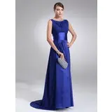 A-Lijn/Prinses Ronde Hals Korte Sleep Chiffon Satijnzijde Avondjurken met Roes (017022545)
