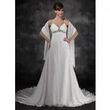 Empire V-neck Chapel Train Chiffon Wedding Dress With Ruffle Beadwork Sequins (002012125)