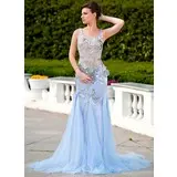 Havfrue Scoop Hals Court Brudeslep Tulle Charmuse Ballkjole med Beading Appliques Blomst(er) Paljetter (018024584)