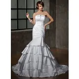 Mermaid Scalloped Neck Court Train Satin Wedding Dress With Ruffle Beadwork (002012158)