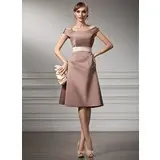 A-Line/Princess Off-the-Shoulder Knee-Length Satin Bridesmaid Dress With Sash (007004990)