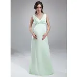 Empire V-neck Floor-Length Satin Maternity Bridesmaid Dress With Ruffle Beading (045020325)