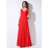Tubo Decote V Vestidos longo Chifon Vestido de madrinha com Pregueado (007001861)