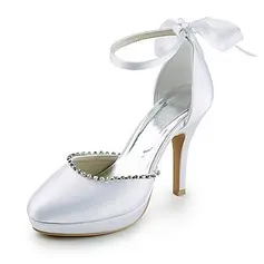 Satin Stiletto Heel Closed Toe Platform Pumps Wedding Shoes With Bowknot Rhinestone (047015209)