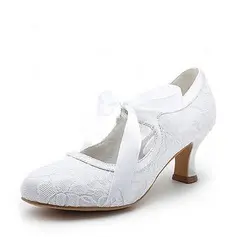 Satin Spool Heel Closed Toe Pumps Wedding Shoes With Ribbon Tie (047004932)