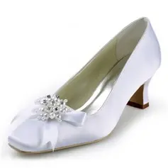 Satin Chunky Heel Closed Toe Pumps Wedding Shoes With Beading Bowknot Imitation Pearl (047011852)