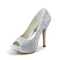 Satin Stiletto Heel Peep Toe Platform Pumps Wedding Shoes With Rhinestone (047011800)
