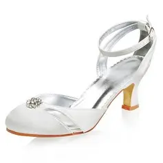 Satin Chunky Heel Closed Toe Pumps Wedding Shoes With Buckle Rhinestone (047005827)