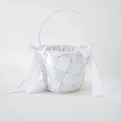 Flower Girl Basket In White Satin With Ribbon and Rhinestones(102018046)