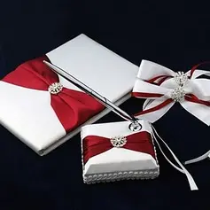 Pure Elegant Wedding Guest Book and Pen Set in Satin With Decorative Bows(101018146)