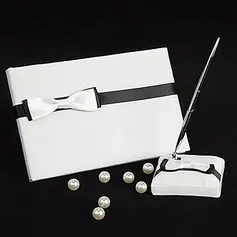 Black & White Wedding Guest Book And Pen Set With Ribbon Bow(101018177)