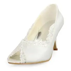 Satin Spool Heel Peep Toe Pumps Wedding Shoes With Stitching Lace (047011050)