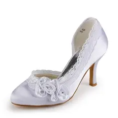 Satin Stiletto Heel Closed Toe Pumps Wedding Shoes With Rhinestone Satin Flower Stitching Lace (047005347)