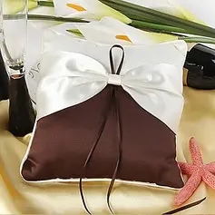 Elegant Ring Pillow In Chocolate Satin With Cream Sash(103018243)