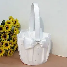 Flower Basket In White Satin With Ribbon Bow And Rhinestone(102018040)