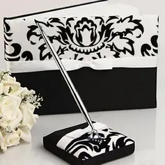 Damask Design Wedding Guest Book and Pen Set in Satin With Ribbon(101018162)