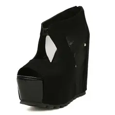 Leatherette Wedge Heel Peep Toe Pumps With Zipper (085025156)
