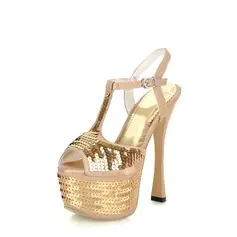 Satin Spool Heel Platform Sandals With Sequin (087023585)