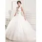 Ball-Gown Halter Sweep Train Satin Tulle Wedding Dress With Ruffle Lace Flower(s) (002012183)