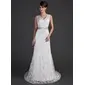Sheath/Column V-neck Court Train Charmeuse Lace Wedding Dress With Sashes Beadwork (002000171)
