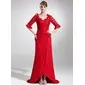 Sheath V-neck Asymmetrical Chiffon Lace Mother of the Bride Dress With Ruffle (008005945)